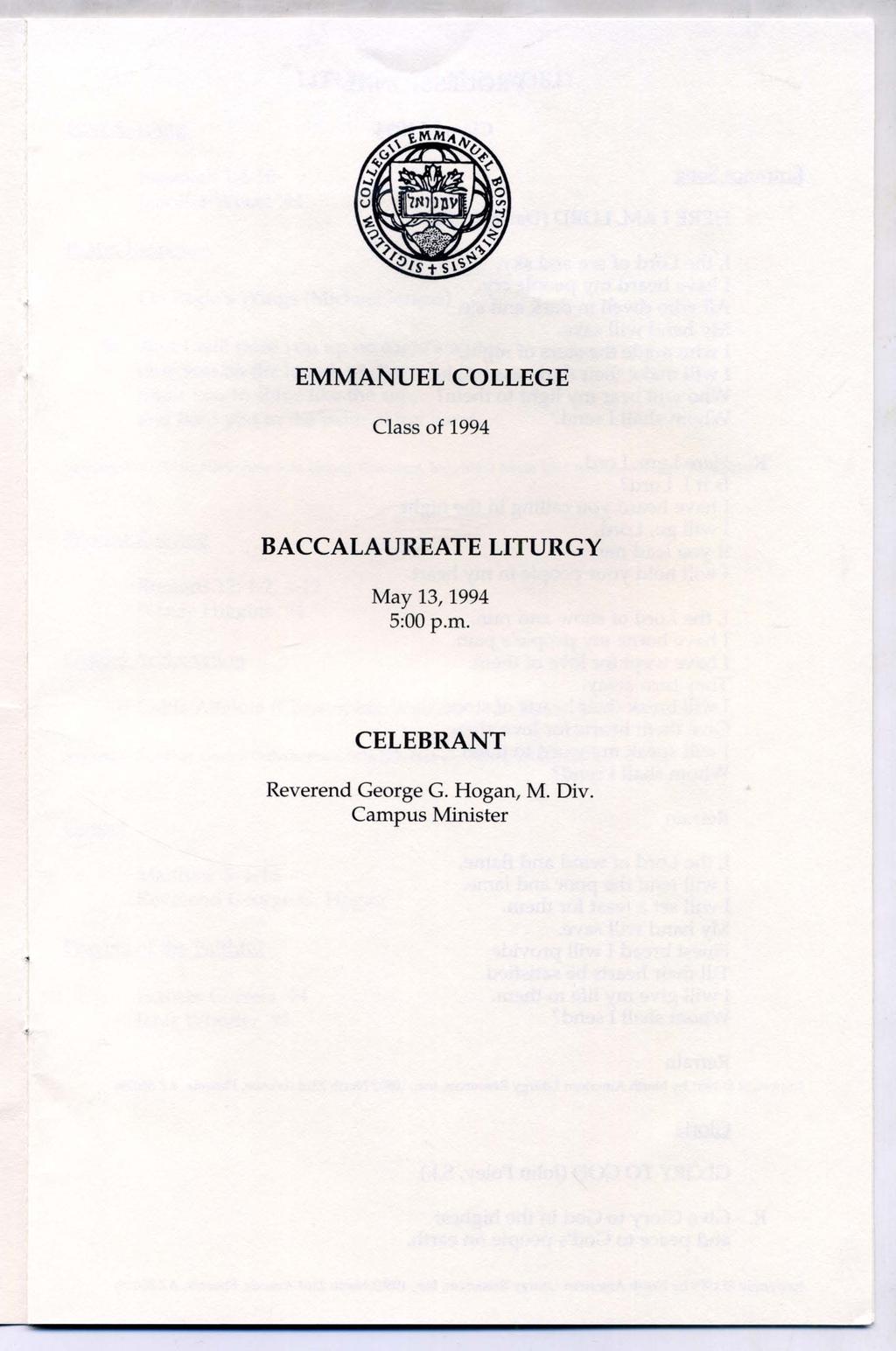 EMMANUEL COLLEGE Class of 1994 BACCALAUREATE LITURGY May 13, 1994