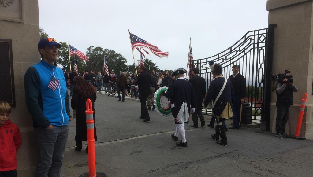 WREATHS, SILVER HELMETS, WARS PAST, COLLEGE PLANS SFSAR Color Guard Bob Ebert and Silicon Valley SAR s Terry Briggs presented wreaths at the Presidio cemetery on Memorial Day 2015 with ribbons for