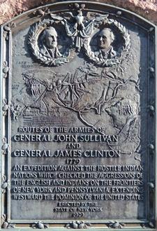 The State of New York dedicated the memorial at Hemlock Park on 9 November 1929. The plaque reads: Routes of the armies of General John Sullivan and General James Clinton 1779.
