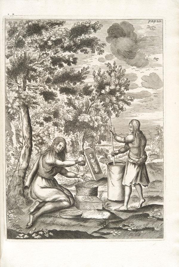 Sixteen engraved plates adorned this book, depicting native American women at work grinding corn (the image to the right) as well as exotic Canadian wildlife like moose.
