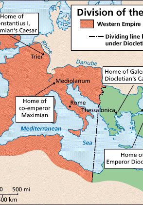 Division into Eastern and Western Empires - By 285 CE diverged into two empires, the Eastern Empire ( it was ran by the Byzantium ) - And the Western Empire ( ran by Rome ), both were known has the