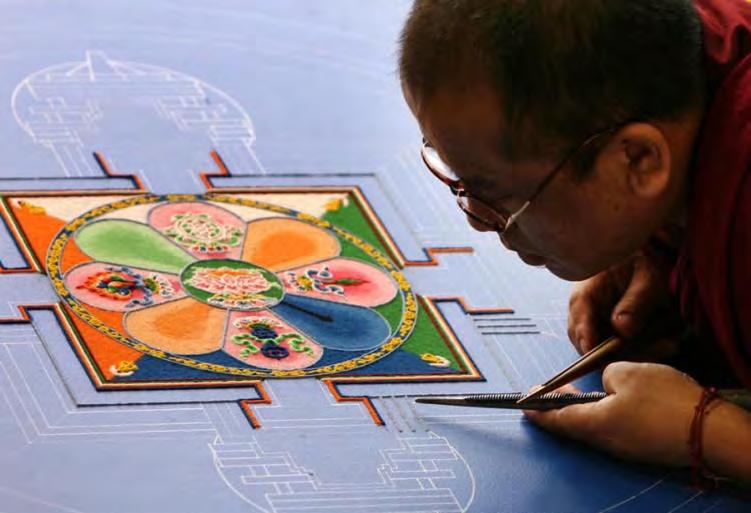 Buddhists believe a deity actually inhabits the center of the mandala, and the straight lines represented in the geometric pattern become the grounds surrounding the deity s mansion, according to the