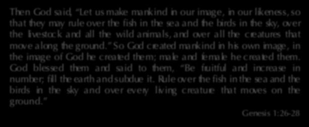 Then God said, Let us make ma nk ind in our image, in our likeness, so that they may rule over the fish in the sea and the birds in the sky, ov e r the live stoc k and all the wild animals,and ove r