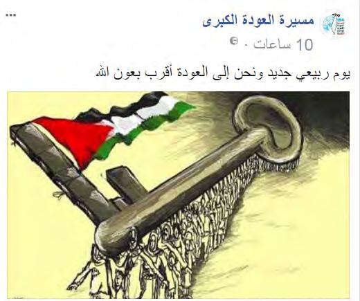 8 Picture posted to the "great return march" Facebook page of Palestinians carrying a key (the symbol of the return) flying the Palestinian flag.