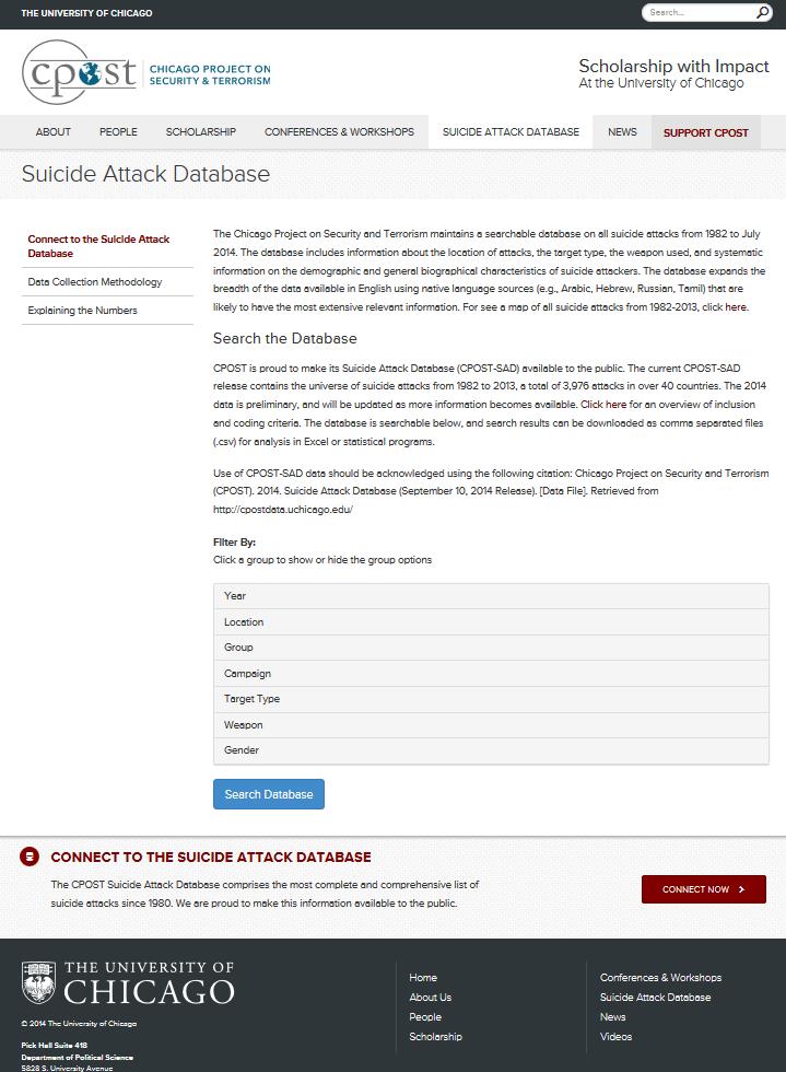 Suicide Attack Database Searchable database on all suicide attacks from 1982 to July 2014 Engl