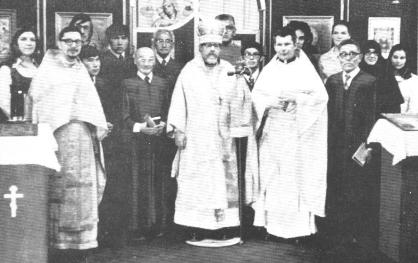 ceremonies in 1941. Bishop Gregory, rector, with Fr. Paul Merculieff, faculty member; Fr. Joseph Kreta, dean; and students of St.