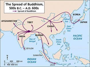 The Spread of Buddhism Buddhism entered: Vietnam in the 2nd century C.E. Korea in 372 C.E. Japan in 552 C.E. Tibet in 641 C.E. Thailand in 719 C.
