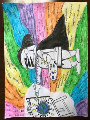 Artist: Jamesha John-Lewis Title: Through the eyes of Knightro Statement: Out of UCF S five creed values, I would say this piece mostly represents creativity and community.