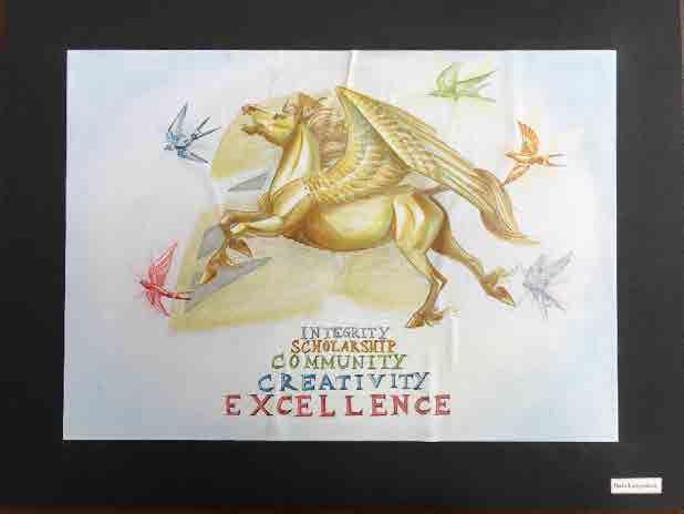 Artist: Daria Kudryasheva Title: Ready to Fly Statement: My artwork depicts the symbol of our university - golden Pegasus, our mascot - Knightro, and our five core values - Integrity, Scholarship,