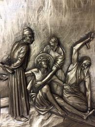 XI. Eleventh Station - Jesus is nailed to the Cross When they came to the place which is called The Skull, there they crucified him; and with him they crucified two criminals, one on the right, the