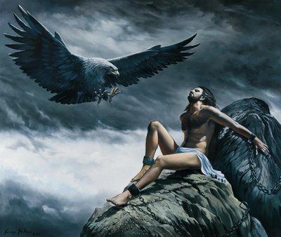 His only visitor was an eagle, the sacred bird of Zeus, who tore at Prometheus flesh and devoured his