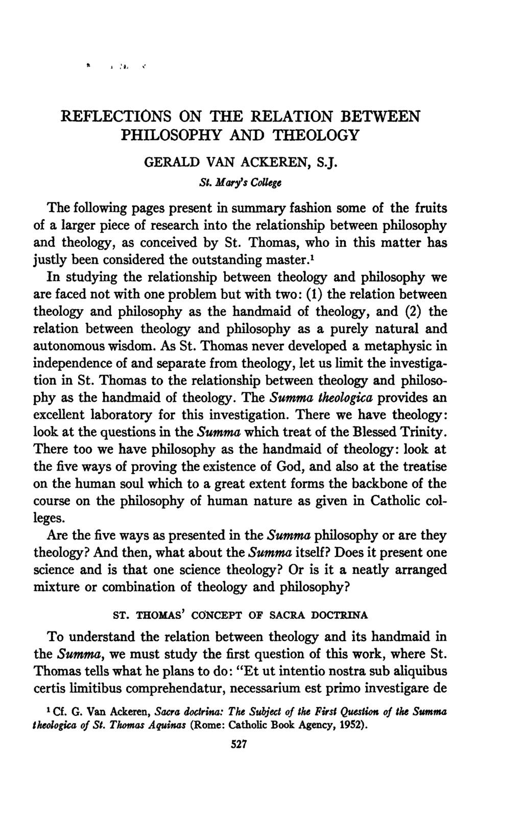 REFLECTIONS ON THE RELATION BETWEEN PHILOSOPHY AND THEOLOGY GERALD VAN ACKEREN, S.J. St.