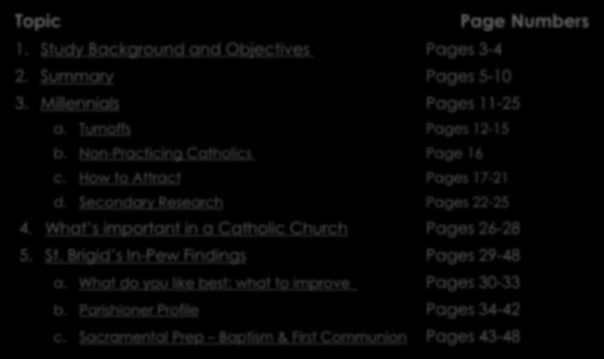 Table of Contents Topic Page Numbers 1. Study Background and Objectives Pages 3-4 2. Summary Pages 5-10 3. Millennials Pages 11-25 a. Turnoffs Pages 12-15 b. Non-Practicing Catholics Page 16 c.