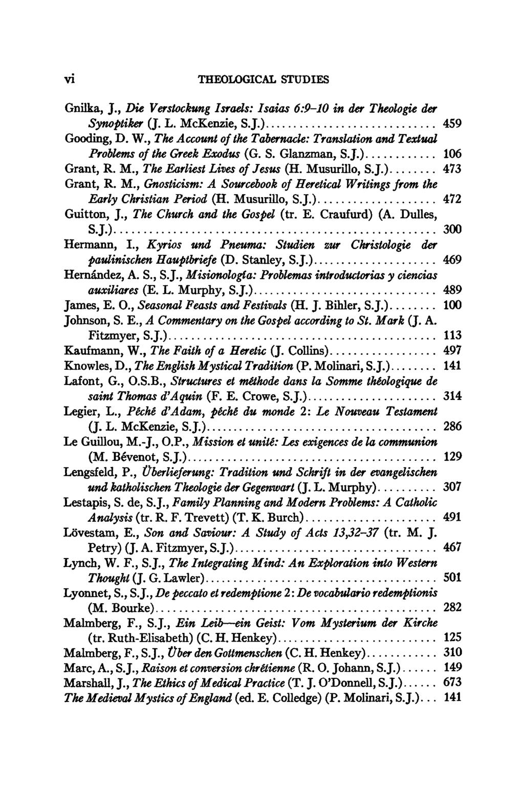 vi THEOLOGICAL STUDIES Gnilka, J., Die Verstockung Israels: Isaías 6:9-10 in der Theologie der Synoptiker (J. L. McKenzie, SJ.) 459 Gooding, D. W.