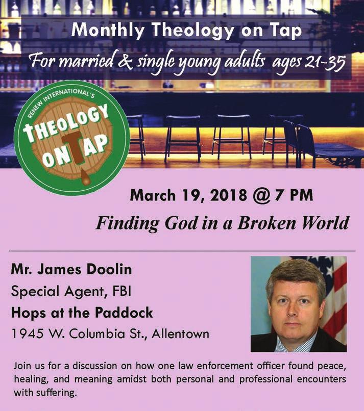 Speaker will be FBI special agent James Doolin. Theology on Tap is a monthly series sponsored by the Diocesan Office of Youth, Young Adult and Family Ministry (OYYAFM).