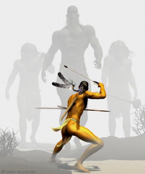 Figure 6-10. Artist's impression of a native fighting off giants. The above article also discusses the footprints, and in his book, I.G.