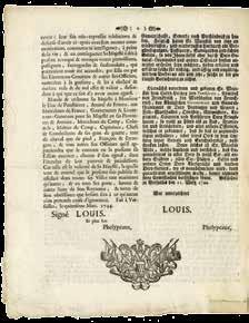 1744 Declaration of War from Louis XV to the King of England, 4 pages, text in French and German, signed at the conclusion of both translations by Louis XV in print, ornately printed folded pamphlet