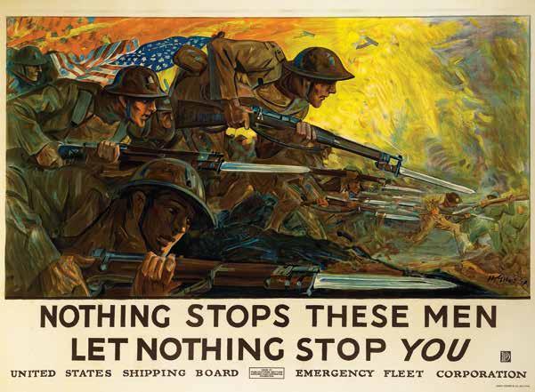 Linen-backed (55.5 x 39.25 in.; 1410 x 997 mm.), very fine. $600 - $800 256. WWI Nothing Stops These Men, Let Nothing Stop You emergency fleet poster.