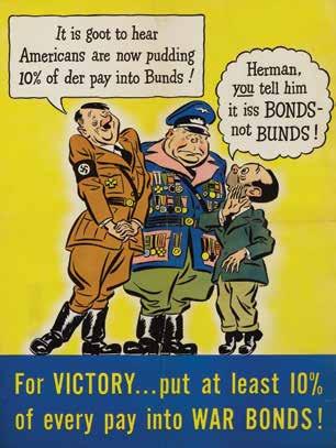 Profiles in History Historical Document Auction 63 304. WWII Bonds Not Bunds Hitler, Goering, and Goebbels caricature poster.