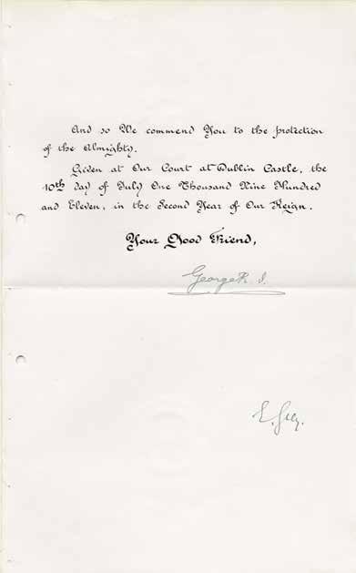 94. King George V of England. Document signed ( George R I ) 2 pages (8 x 13 in.; 203 x 330 mm.), dated 10 July 1911, Dublin Castle.
