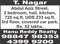 ft, ground floor, only small Brahmin/ vegetarian family, no car park, no pets, rent Rs. 9500, brokers excuse. Giri. Ph: 94449 35650. T. NAGAR, Moosa Street, 2 bedroom, hall, kitchen, 770 sq.