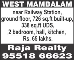 Ph: 78712 00973. WEST MAMBALAM, Thambiah Road, 2 bedroom, hall, kitchen, 900 sq.ft, 1 st floor flat, 12 years old, open car park, lift, woodwork, price Rs. 65 lakhs, cash party, immediate settlement.