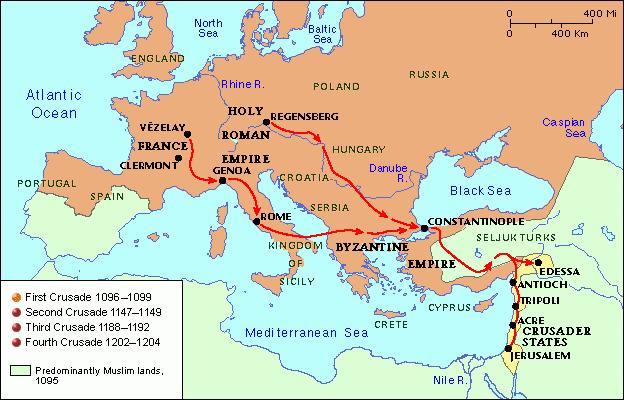 So, where did they go first and what sent them there? Crusades Wars to take back the Holy Lands from the Muslim Turks.
