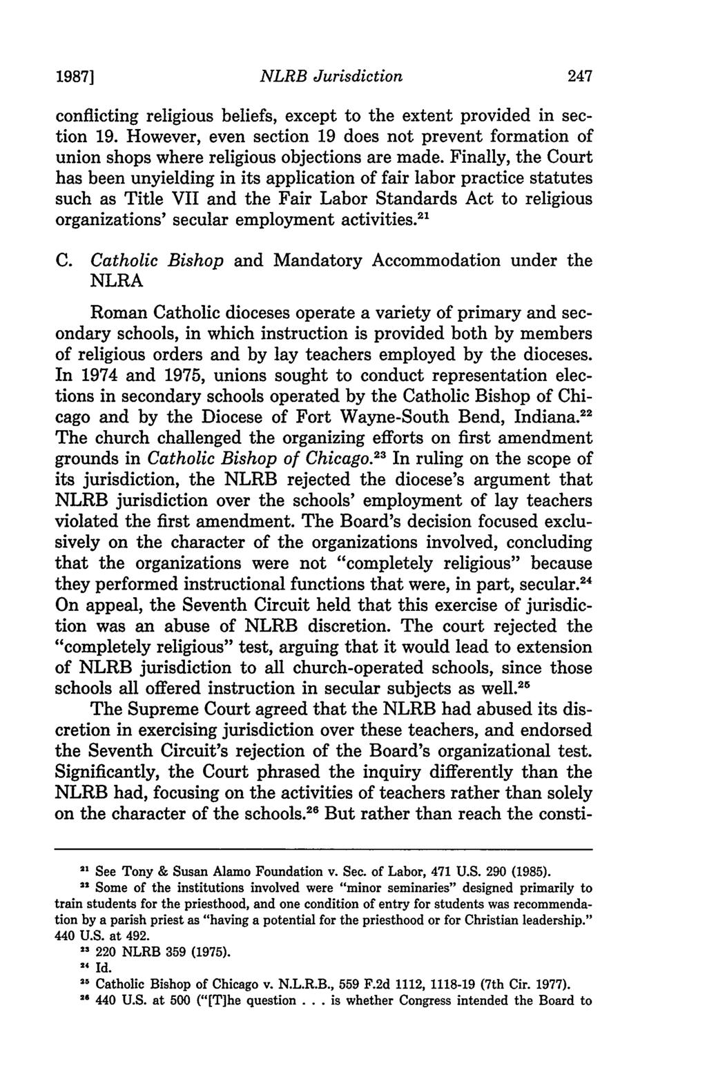 1987] NLRB Jurisdiction conflicting religious beliefs, except to the extent provided in section 19.