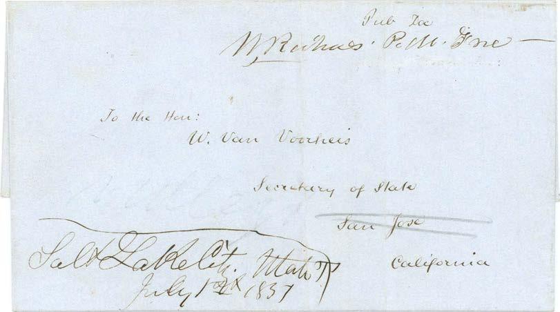 This series of contracts between California and Utah ended with the July 1, 1861 start of the daily transcontinental overland service. Postmarked July 1, 1851 in Salt Lake City Utah T.
