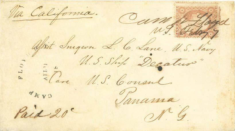 postmark - addressed to Panama Held for insufficient postage - additional 17 paid in cash - April 18 tombstone postmark applied April 18 Chorpenning coach collected this letter in transit -