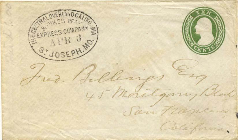 California Pre-Contract Mail Transcontinental Pony Express: April 1860 - August 1860 The first westbound Pony Express trip left St Joseph on April 3, 1860 and arrived in San Francisco on April 14.
