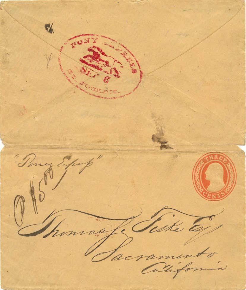 California Pre-Contract Mail Transcontinental Pony Express: August 1860 - April 1861 The carmine St Joseph Running Pony datestamp is known used in both directions from August 12 to September 13, 1860.