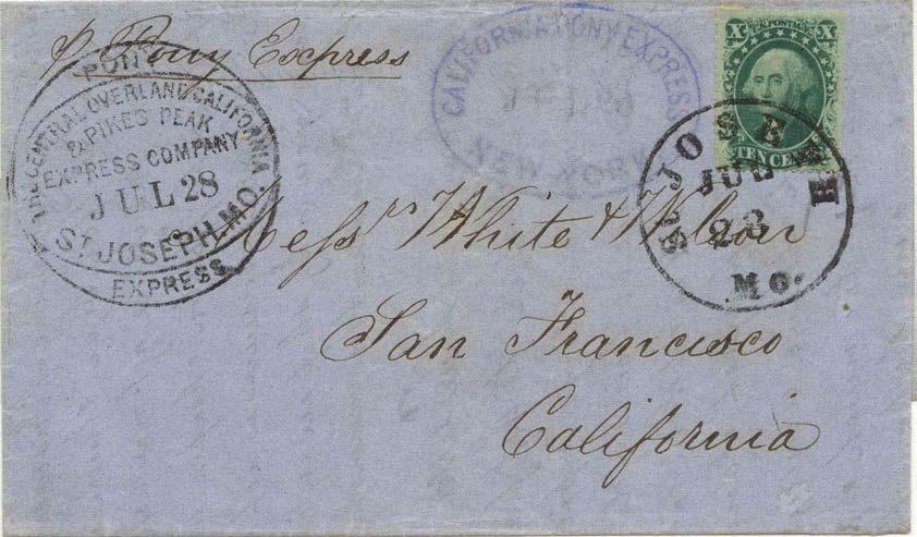 California Contract Mail Transcontinental Pony Express: July-October 1861 Only five Pony Express letters which originated in foreign countries are known: one from