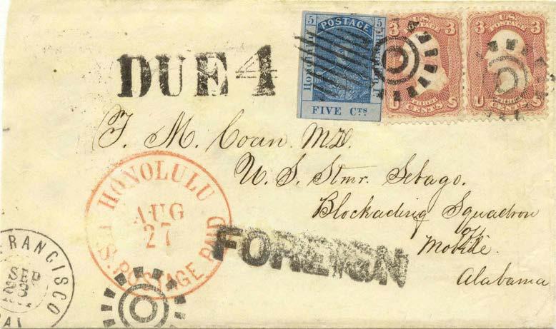 Prepaid 5 Vancouver Island colonial postage per blue Victoria long oval in August 1864 Sent overland from San Francisco on September 3 - rated