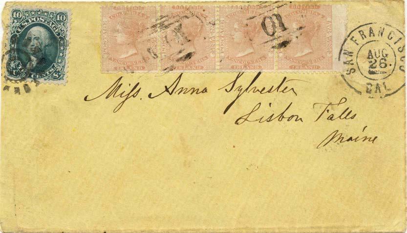 mixed franking Sent overland from San Francisco on July 19 - arrived August 14 in Aylmer, Upper Canada Posted