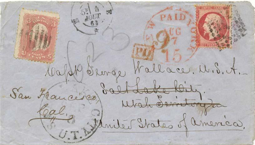 Transcontinental Contract Mail Overland Mail Company: July 1861 - May 1869 Posted August 4, 1863 in Paris, France - franked by