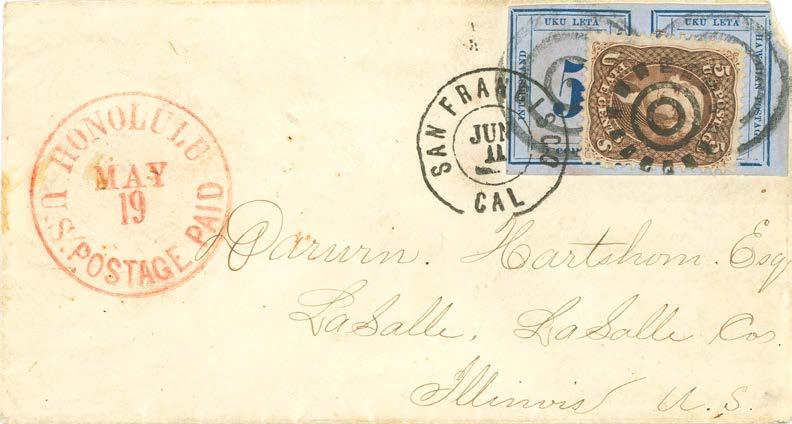 mark - addressed to Toronto, Canada West Posted May 19, 1866 in Honolulu - sent overland from San Francisco on June 11 10 Hawaiian