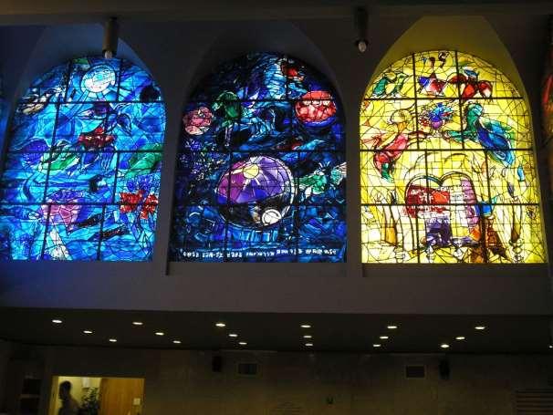 Chagall Windows - Reuben, Shimeon, Levi EASTERN VIEW 1. Reuben - "unstable as water" (fish & fowl - creation) 2.