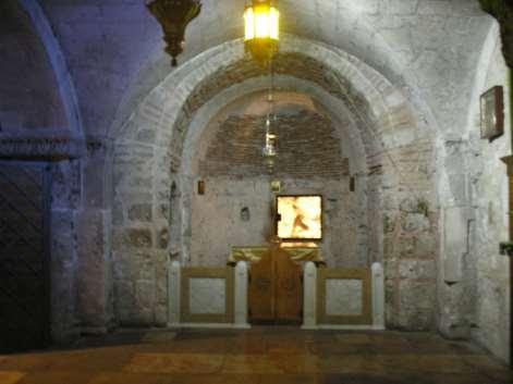 Holy Sepulchre - Chapel of Adam -- Immediately beneath the Greek Orthodox chapel on Golgotha, this chapel is built against the Rock of Golgotha.