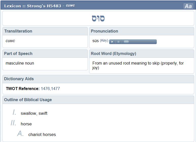 There is only ONE word for horse in Hebrew, which in Strong s Exhaustive Concordance is Hebrew word H#5483 soos.