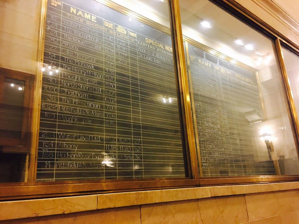 Part of the Biltmore Room, this image depicts the scheduled timing of the trains that were to arrive at GCT, preserved forevermore as