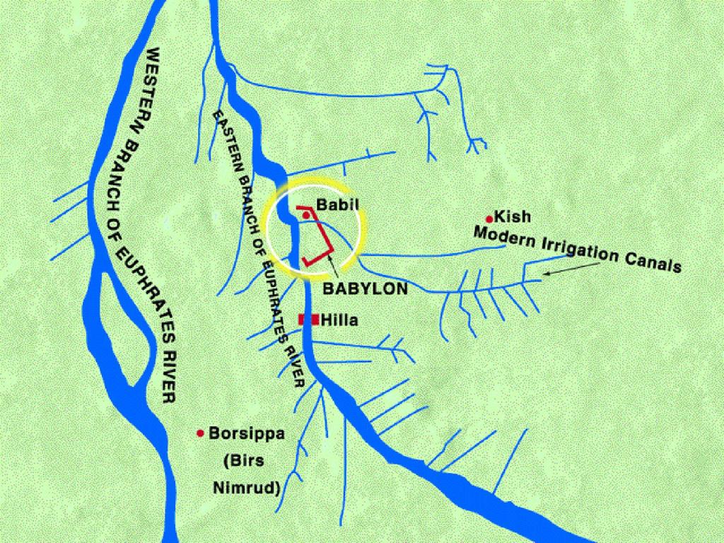 The Euphrates is shown in its present bed, having changed its course near Babylon and Borsippa. Lines extending from the river are modern irrigation canals, doubtless similar to ancient canals.