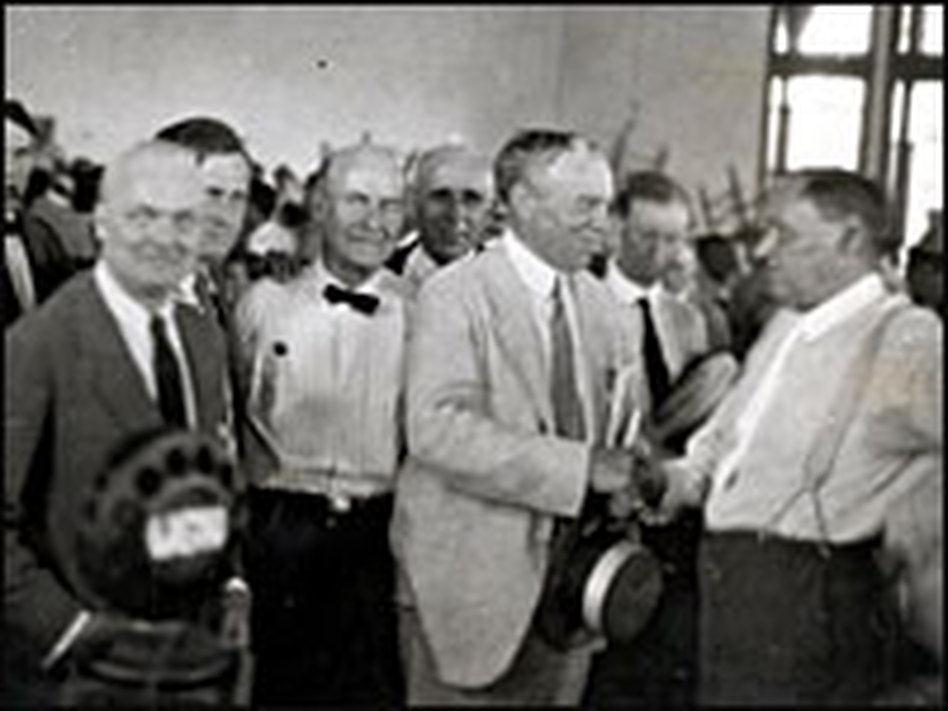 From left: Defense attorney Dudley Field Malone, District Attorney General Tom Stewart, William Jennings Bryan, and Judge John Raulston,