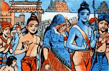 Page 10 of 25 By that evening Rama, Sita and Lakshmana left Ayodhya on a chariot driven by Sumatra. They were dressed like mendicants (Rishis).