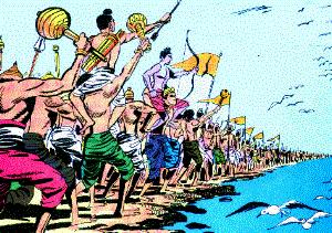 Page 21 of 25 When Ravana heard from his messengers that Rama had already arrived at Mahendra Hill, and was preparing to cross the ocean to Lanka, he summoned his ministers for advice.