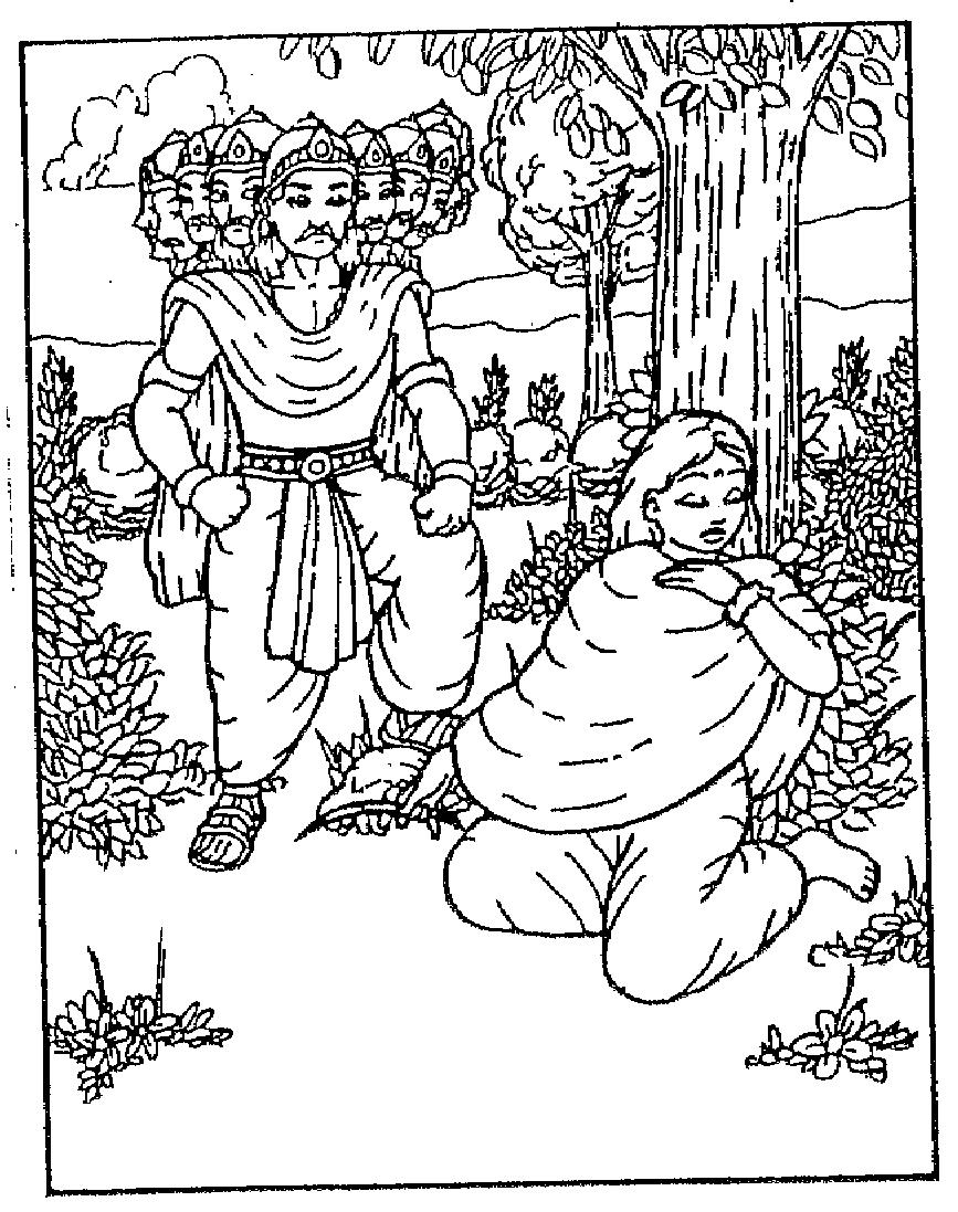 Hanuman hid on a tree and watched Sita from a distance. She was in deep distress, crying and praying to God for her relief. Hanuman's heart melted in pity. He took Sita as his mother.
