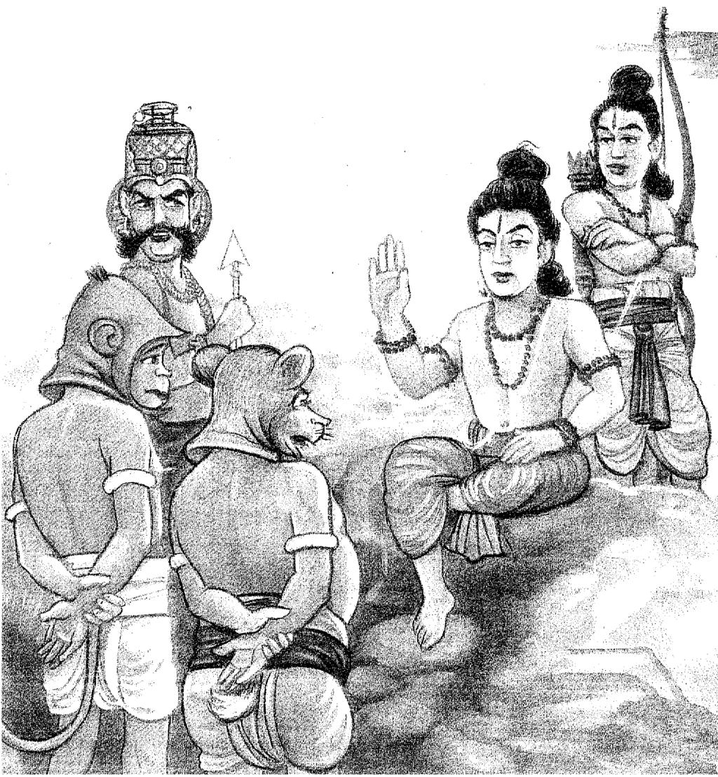 " Ravana became upset with Vibhishana and told him to leave the kingdom of Lanka. Vibhishana, through his magical power, reached Mahendra Hill and sought permission to meet Rama.