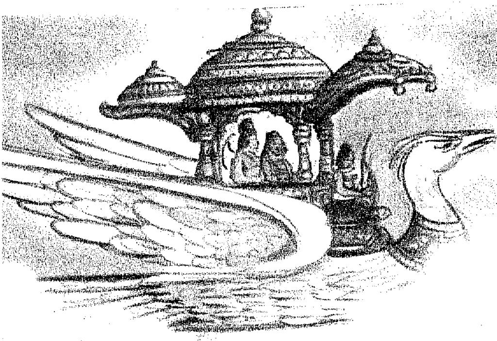 Rama and Sita were now reunited and ascended on an air chariot (Pushpaka Viman), along with Lakshmana to return to Ayodhya. Hanuman went ahead to apprise Bharata of their arrival.