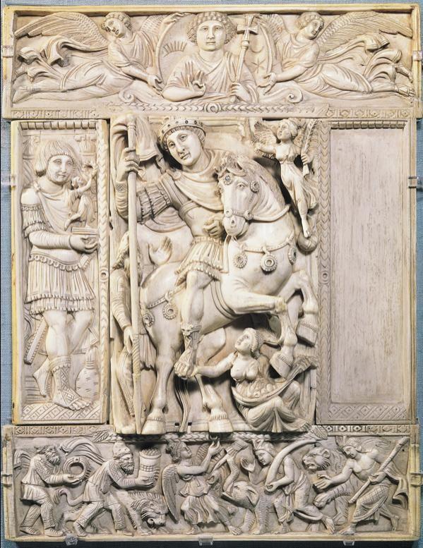 Justinian as world conqueror, (Barberini Ivory), mid sixth century. Justinianic art, was both religious and secular.