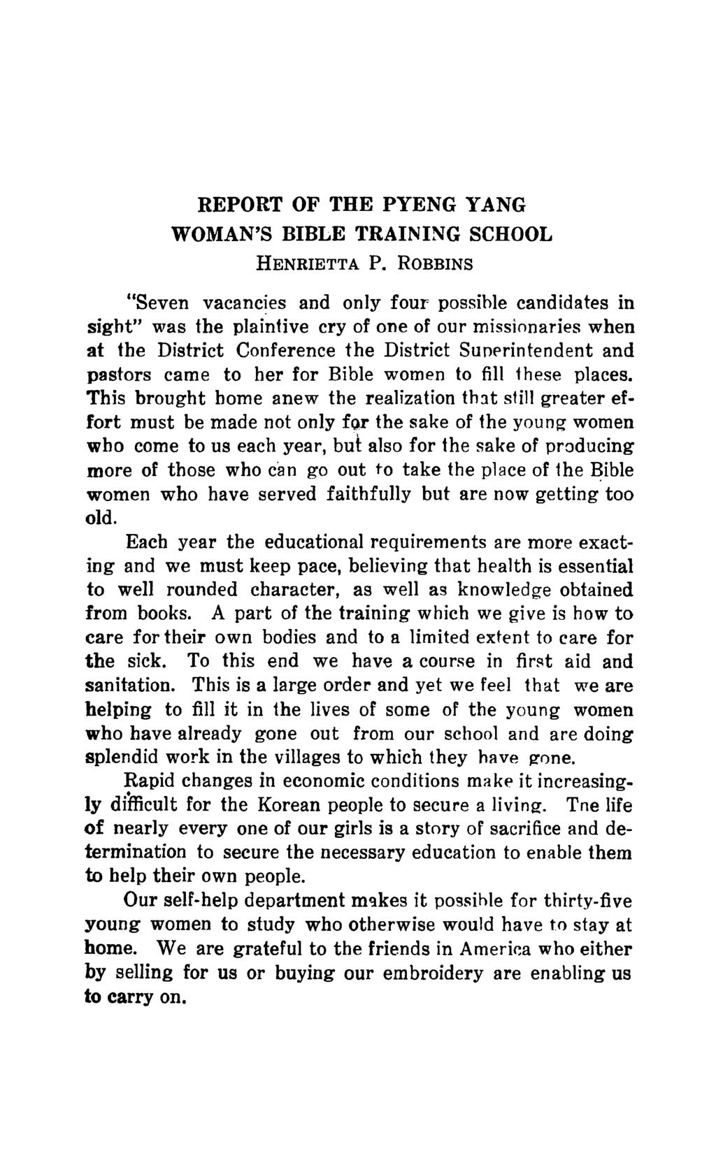 REPORT OF THE PYENG YANG WOMAN'S BIBLE TRAINING SCHOOL HENRIETTA P.